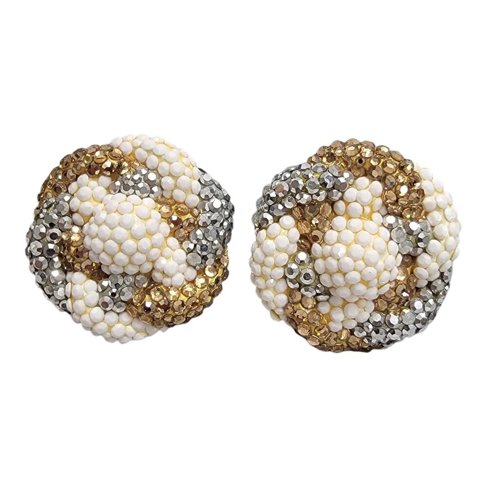 Richard Kerr Vintage Swirl Knot Domed Beaded Rhinestone Clip On Earrings